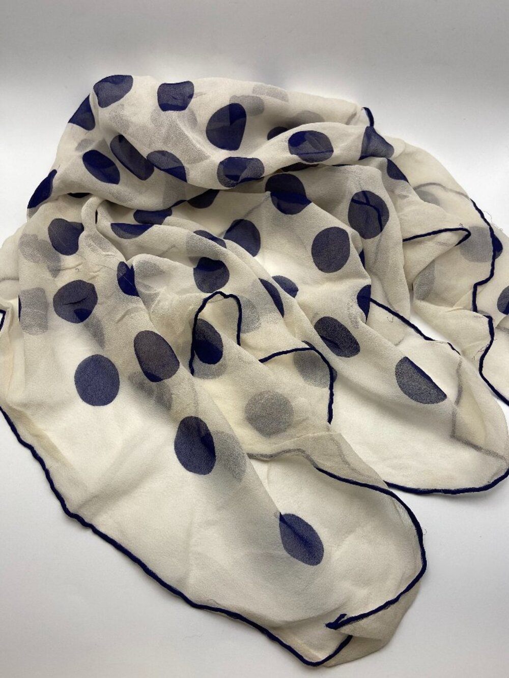 Vintage Chiffon Scarf Cream with Navy Blue Polka Dots and Trim 50's to 60's